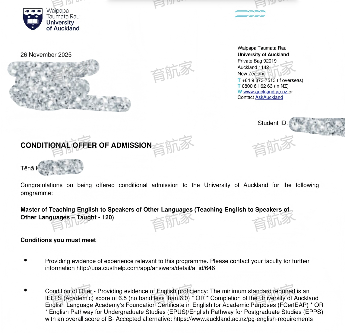 恭喜G同学两周拿到奥克兰大学一年制TESOL硕士课程录取通知书