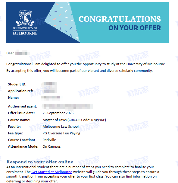 恭喜W同学顺利拿到墨尔本大学法学硕士正式录取通知书！